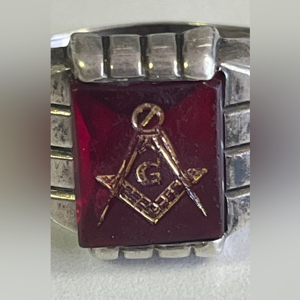 Masonic Ring Jewelry Ruby Red Glass Sterling Silver Vintage Size 8 Rare